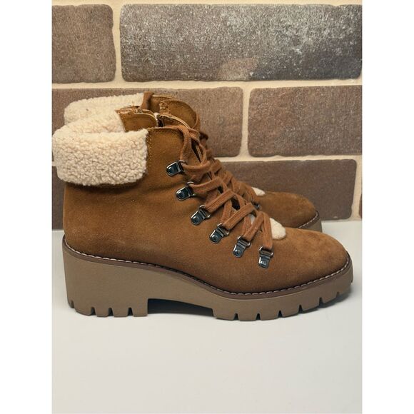Blondo Boots Waterproof Brown Devin Women Suede 7.5 Shearling Wedge Lace‎ Up Lug - Picture 1 of 12